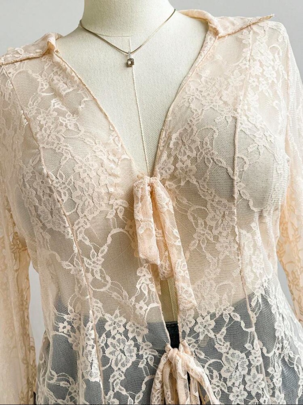 Sheer Lace Tie-Front Blouse in Soft ivory - Picture 4 of 7
